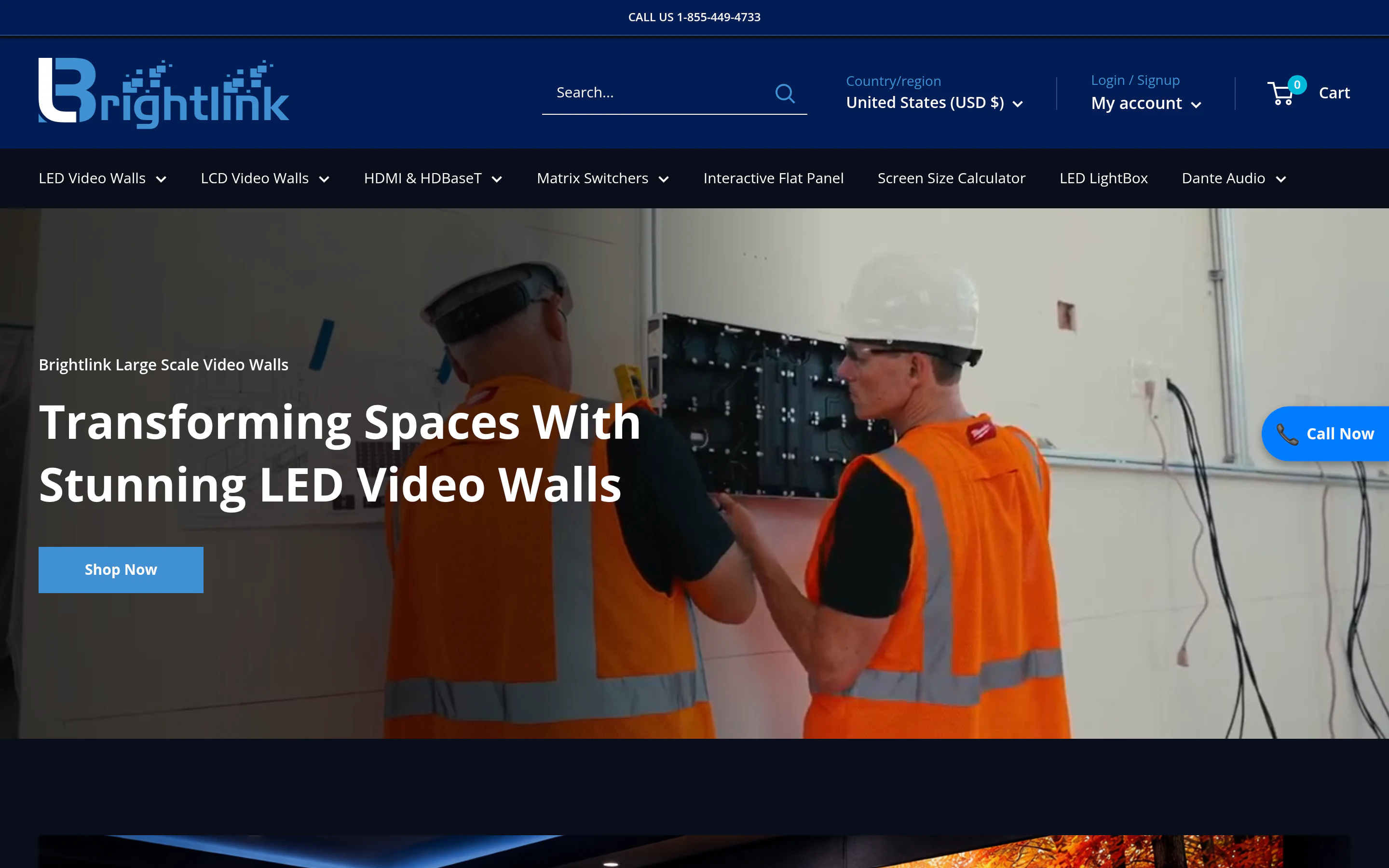 Brightlink AV homepage — enterprise B2B Shopify storefront for LED video walls, HDMI matrix switchers, and professional AV equipment, custom-built with 20+ Liquid sections by Faber.