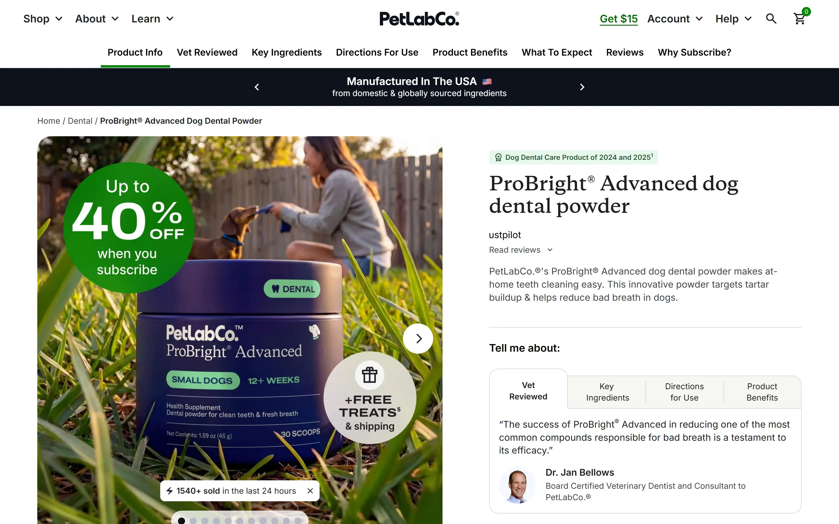PetLabCo ProBright dog dental powder product page — a custom, fully responsive Shopify product page built from a Figma design by Faber.